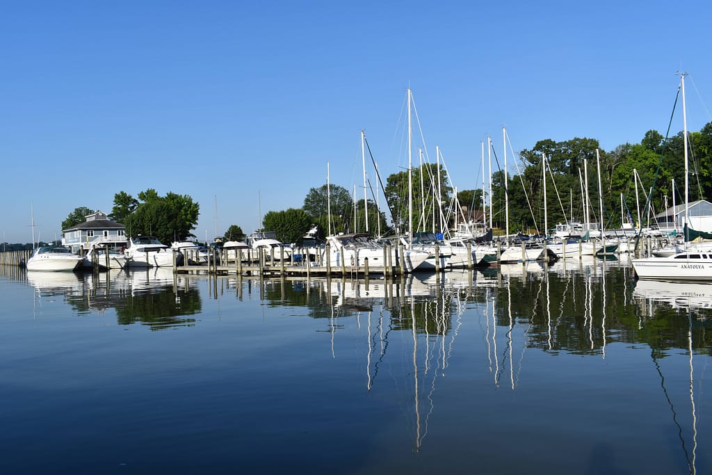 view across the fairway showing a, b and c docks
