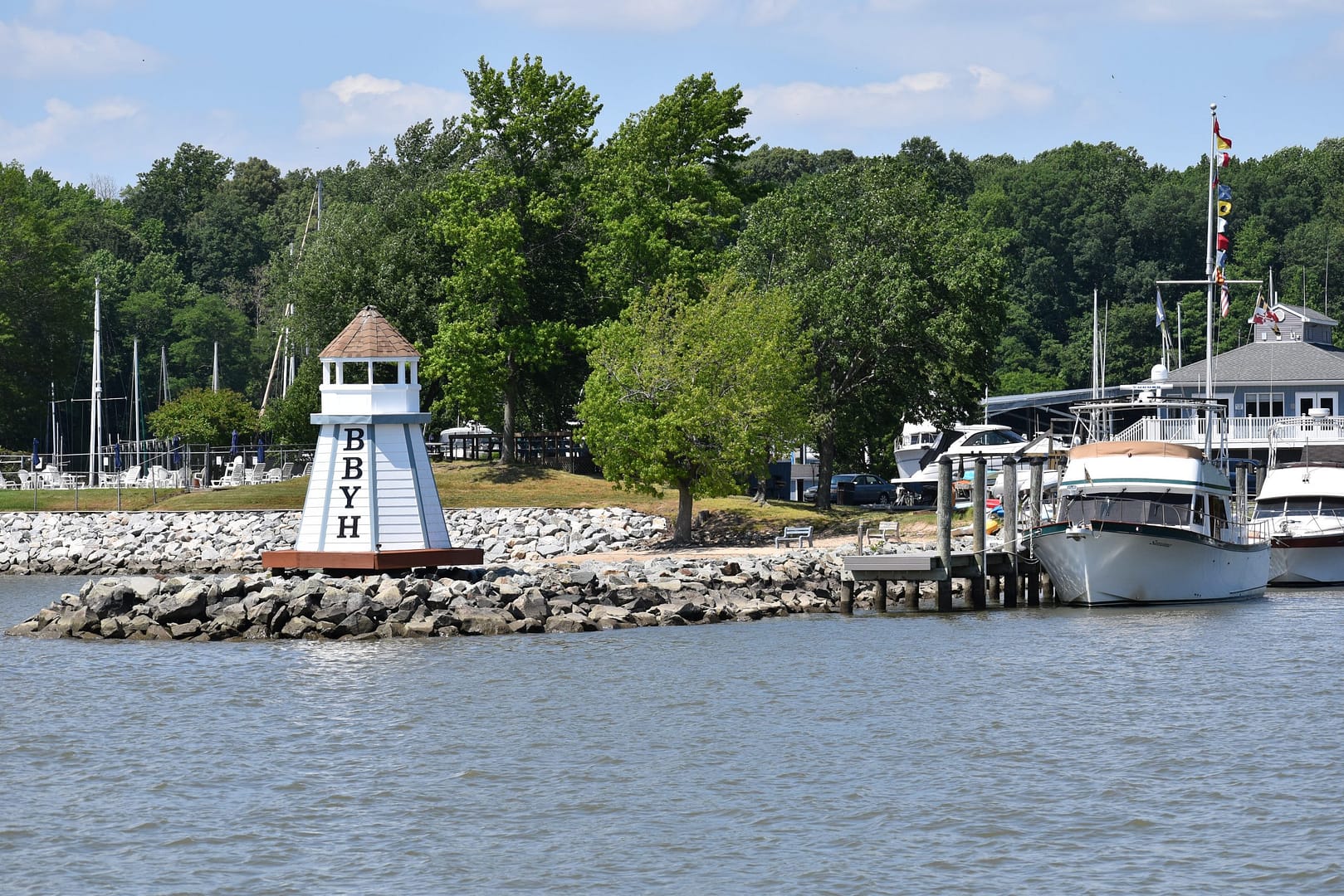 Bohemia Bay Yacht Harbour lighthouse at marina entrance