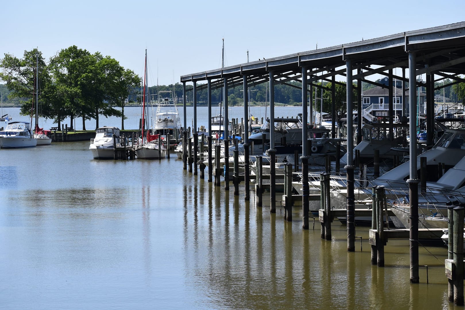 View of marina entrance from covered slips