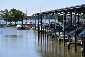 View of marina entrance from covered slips